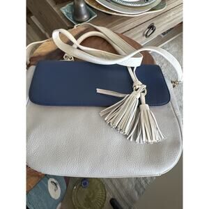 Talbots Pebbled Leather crossbody bag Beige Blue Tassel Flap Shoulder Purse